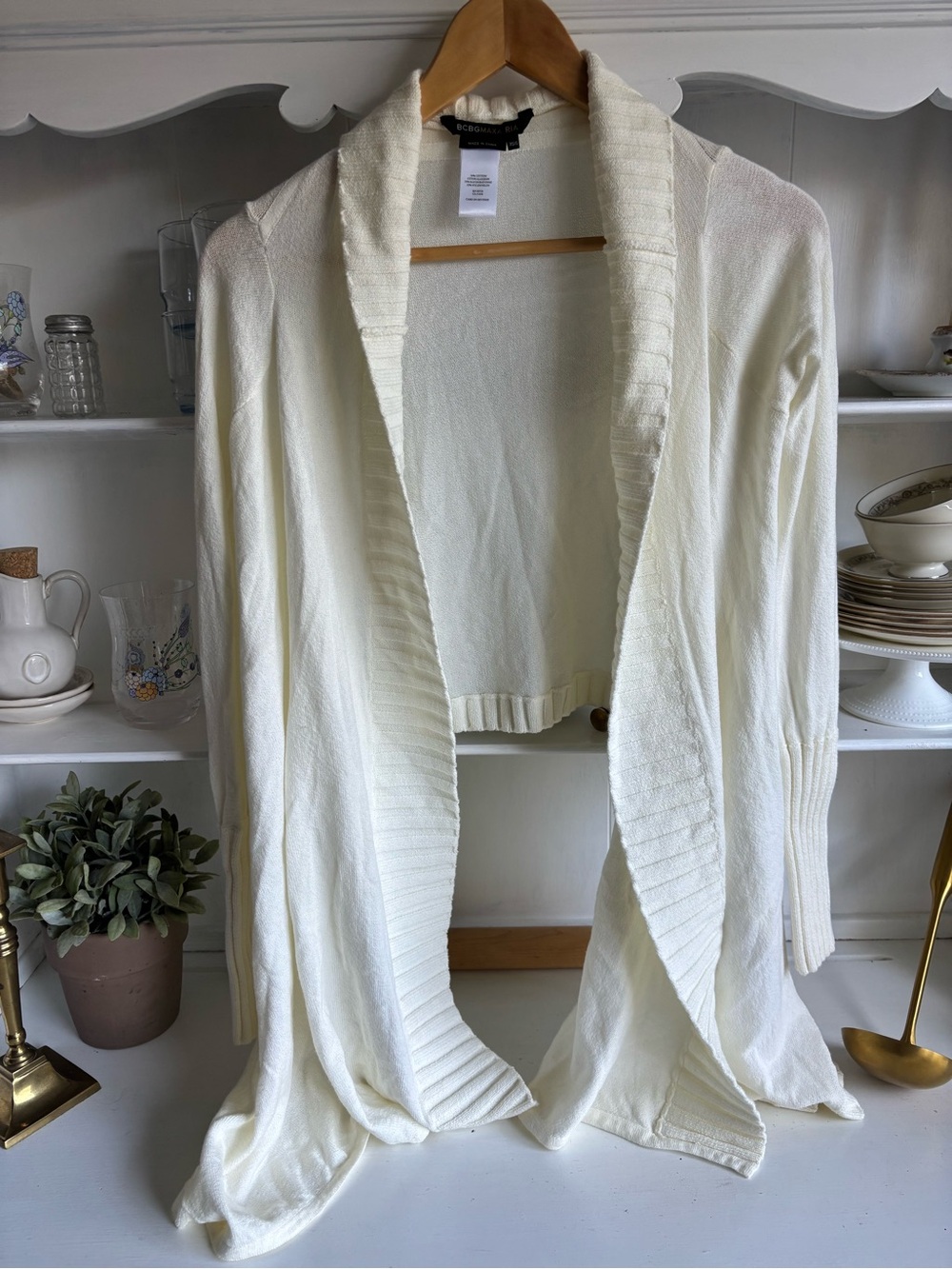 BCBGMaxAzria Cream Open-Front Draped Cardigan